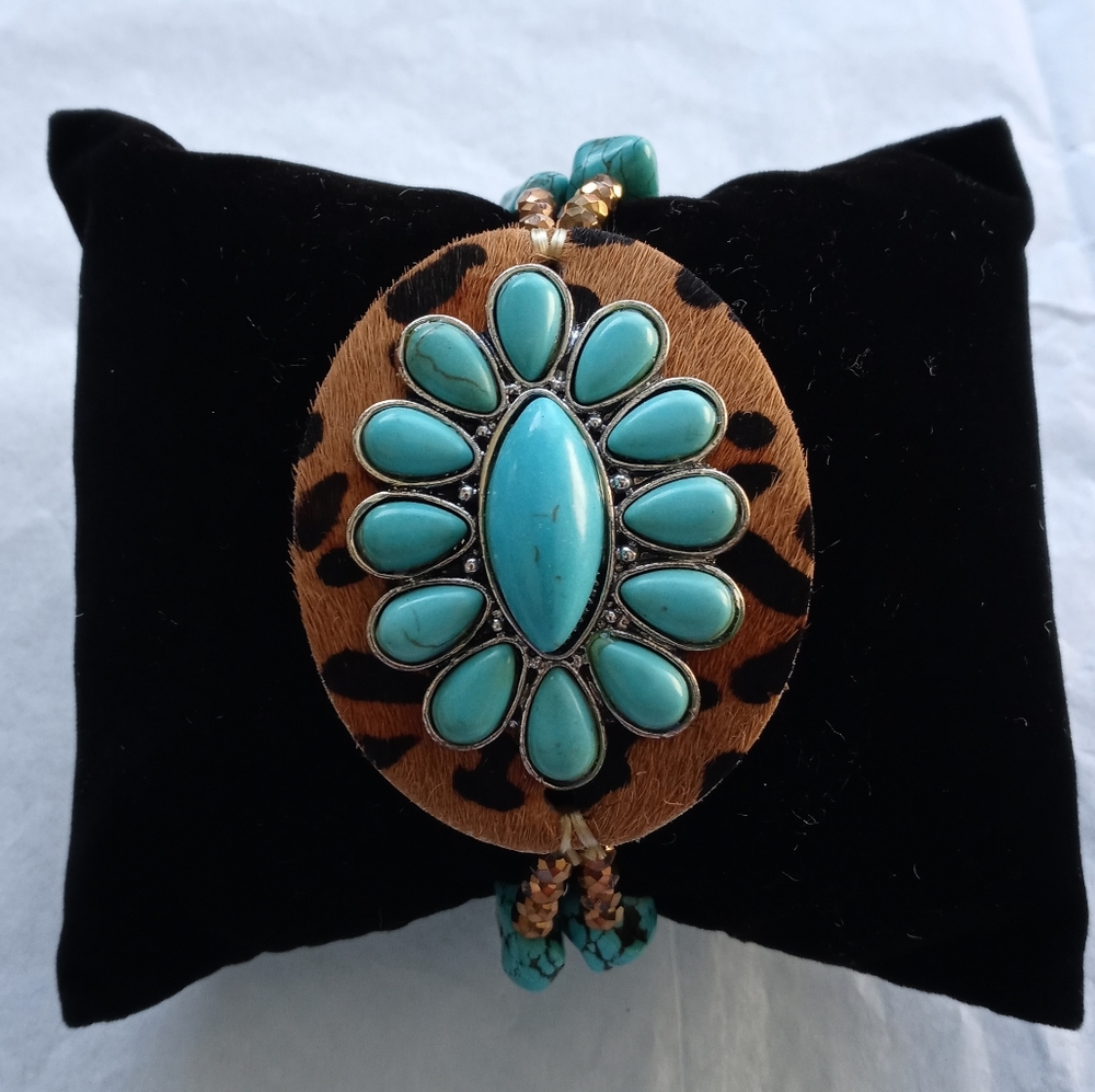 Turquoise Leather Bracelet with Beads and Turquoise Chunks